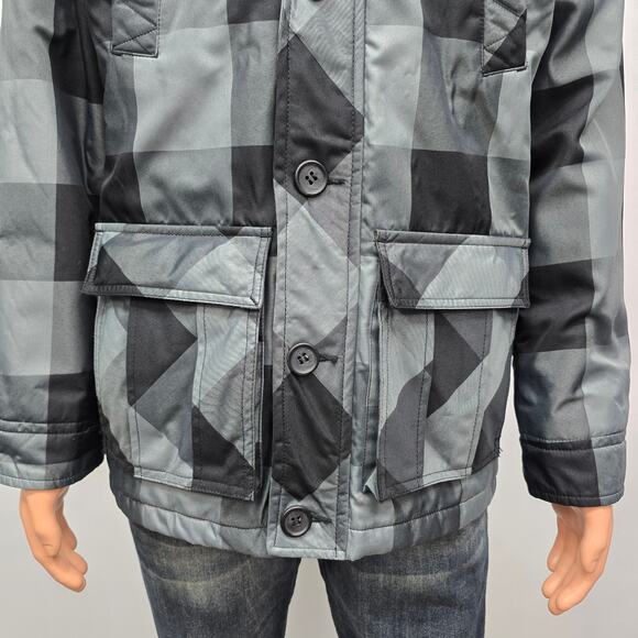 Legendary Goods Hooded Winter Coat Jacket Zip-up Button Men S/M Black Gray Check - Picture 11 of 12